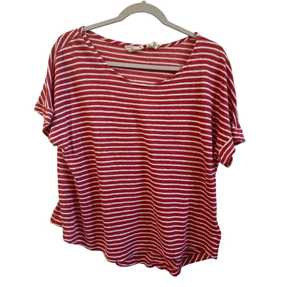 Christian Siriano Womens Medium Red Striped 100% Linen SS Top Lagenlook Summer